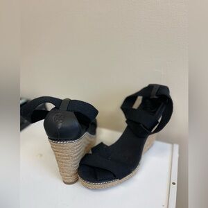 Tory Burch Frieda Black Leather Elastic Straps Espadrille Wedge Sandals Size 10